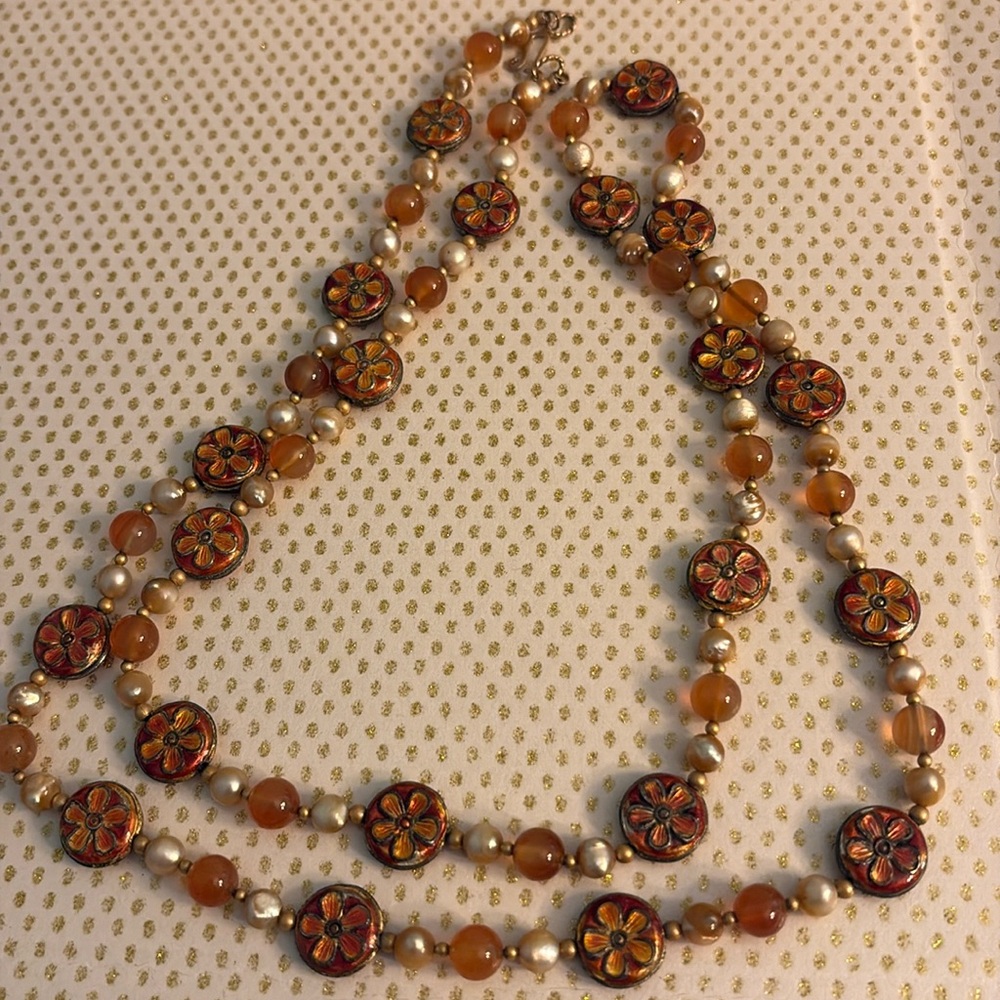 Amber/Caramel Glass  Colored Flower & Pearl Handcrafted Necklace